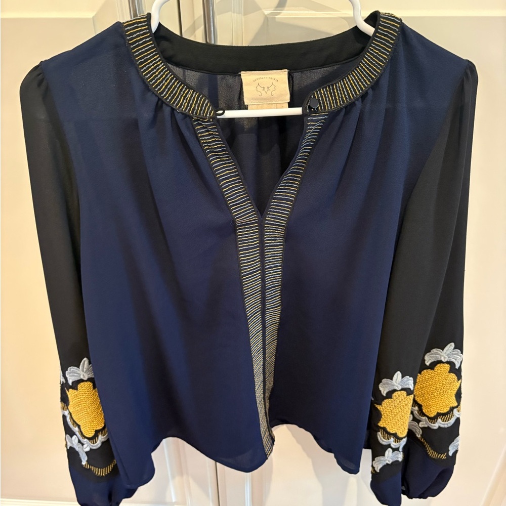 Elegant Navy Blue and Black Blouse with Yellow Floral Embroidered Accents